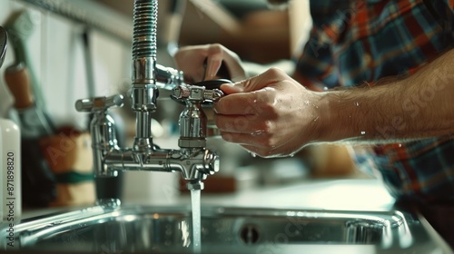 picture of one person who is washing hands, repairing faucets, sinks in the kitchen