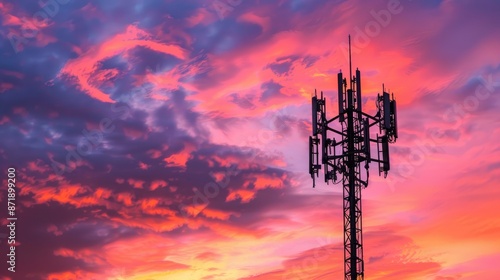 A tall telecommunications tower set against a vibrant backdrop of a sunset or sunrise. The sky is painted in hues of pink, purple, and orange, with scattered clouds illuminated by the golden rays