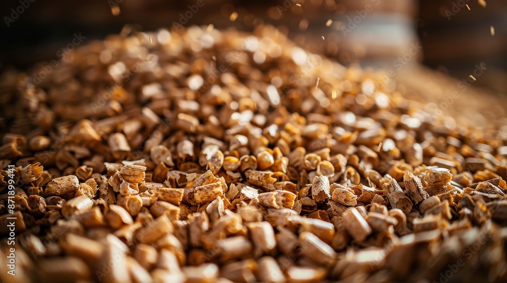 Obraz premium Close-up of distillers grains, clover, oats, and food waste-based protein feed, hyper realistic, sustainable livestock nutrition