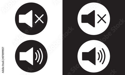 Speaker audio icon set. Volume voice control on off mute symbol. Flat application interface sound sign button. Vector illustration image. Isolated on white and black background. EPS 10