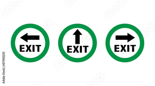 Set of exit round signs with green borders, arrows and text. Each sign indicating adifferent direction.