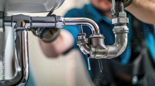 A plumber is working on a clogged drain. Home insurance to repair water leaks and other emergencies. Plumbing concepts and troubleshooting