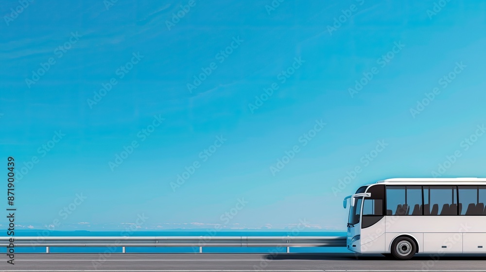 Fototapeta premium A white passenger bus drives down a highway under a bright blue sky with fluffy clouds
