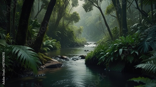 A river flows through a dense jungle