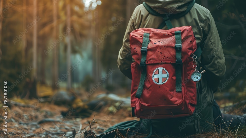 High-quality photo of a backpack with a compass and a first aid kit, illustrating a navigator in the taiga and emergency medicines in a red bag with a white cross High-quality photo of a backpack with a compass and a first aid kit, illustrating a navigator in the taiga and emergency medicines in a red bag with a white cross