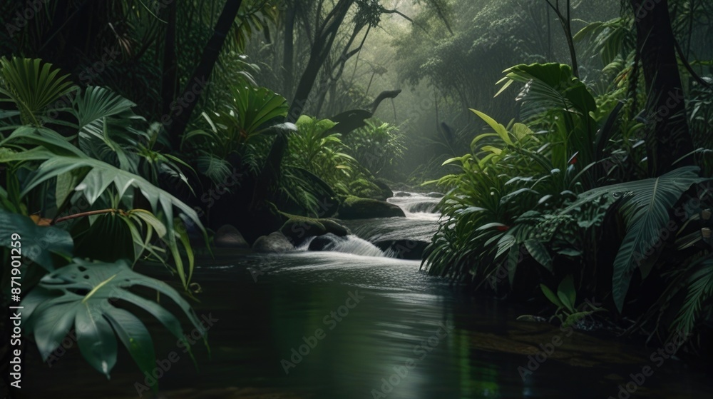 A river flows through a dense jungle A river flows through a dense jungle