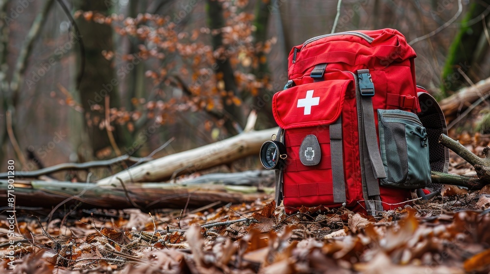 High-quality photo of a backpack with a compass and a first aid kit, illustrating a navigator in the taiga and emergency medicines in a red bag with a white cross High-quality photo of a backpack with a compass and a first aid kit, illustrating a navigator in the taiga and emergency medicines in a red bag with a white cross