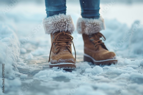 Girl wearing warm boots walking on snow in winter photo