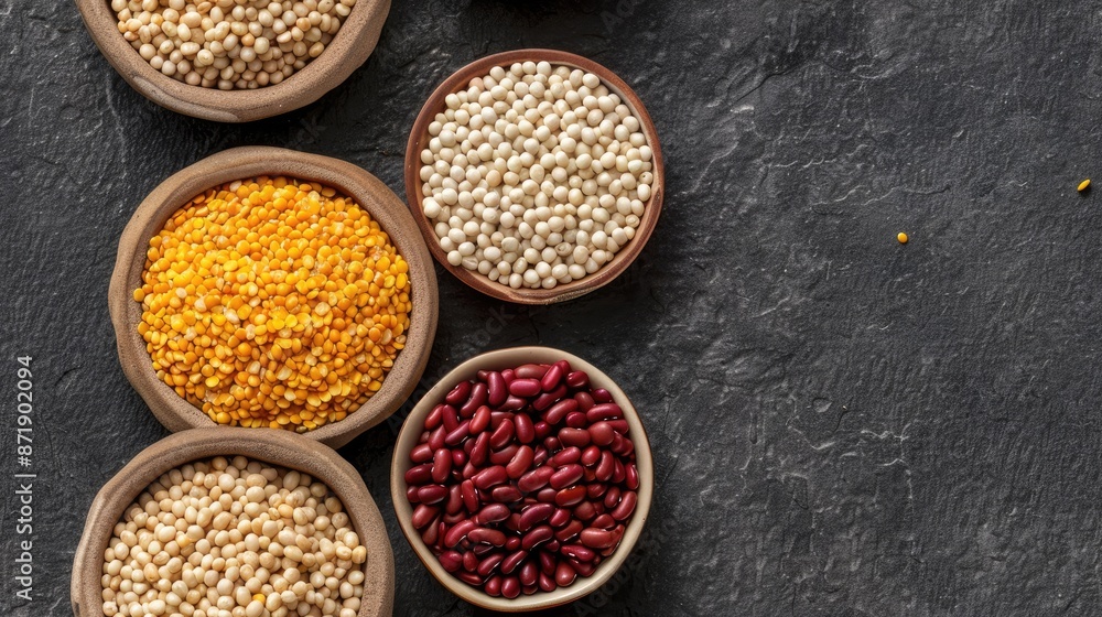 Various dried beans and lentils in wooden bowls on a black background SEAMLESS PATTERN Various dried beans and lentils in wooden bowls on a black background SEAMLESS PATTERN