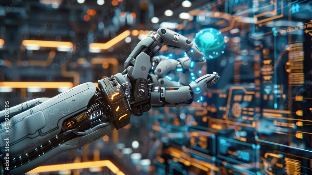 A robot factory with robots working on a blue screen. The robots are all different sizes and are working together. Scene is futuristic and industrial A robot factory with robots working on a blue screen. The robots are all different sizes and are working together. Scene is futuristic and industrial
