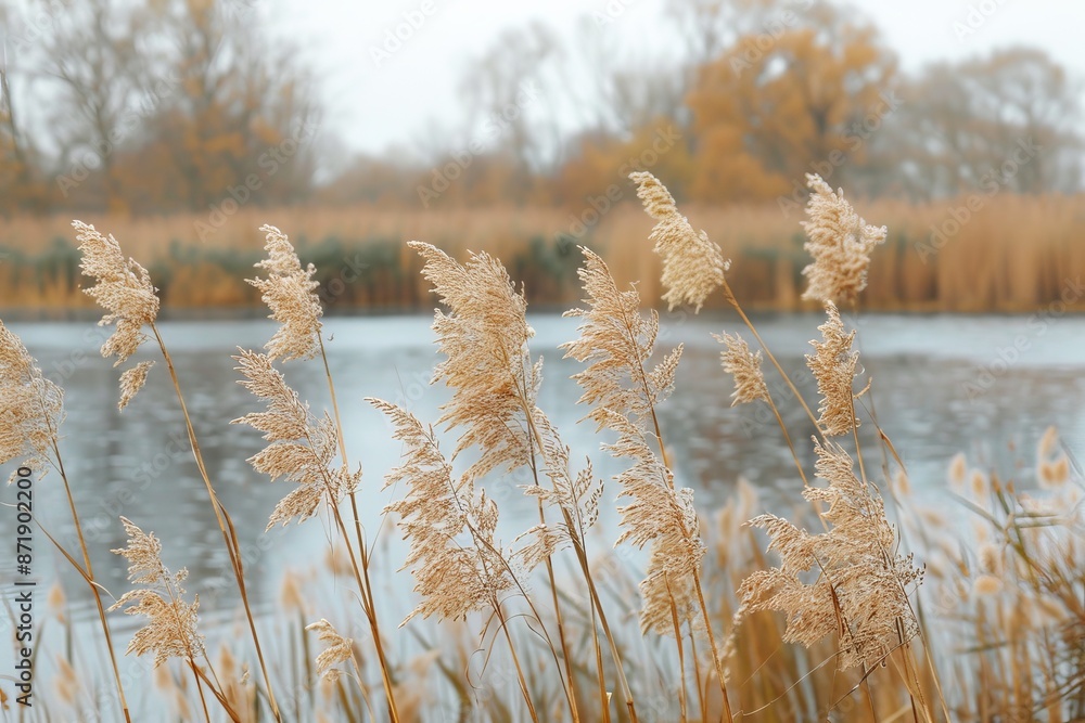 Fototapeta premium Golden reeds on lake with abstract natural background Elegant minimalist trend