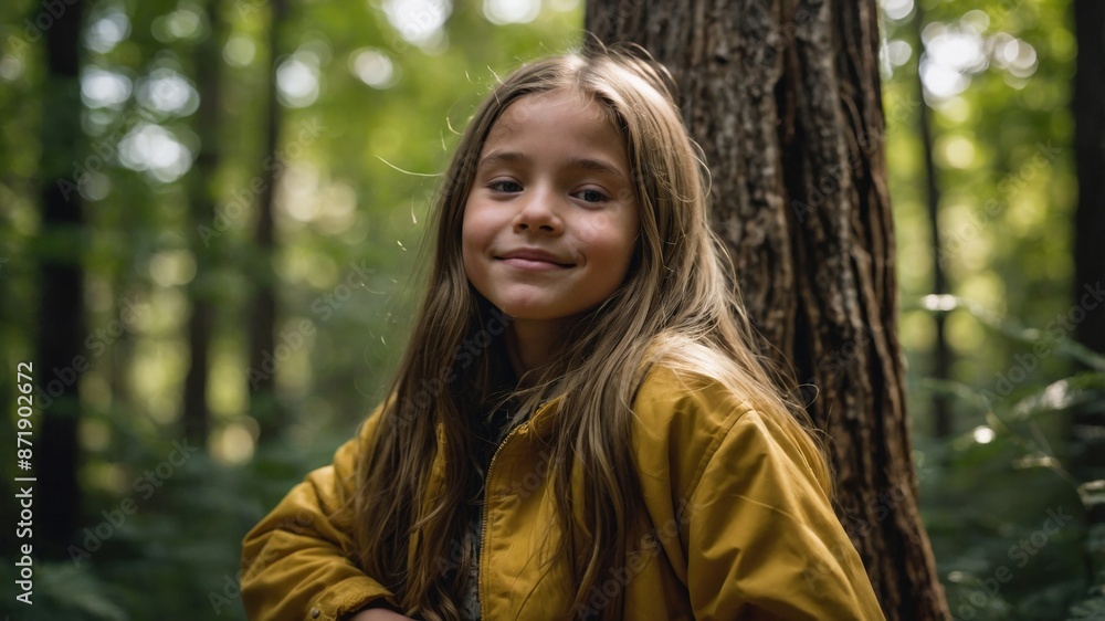 A young girl wearing a yellow jacket smiles warmly while standing in a lush, green forest, radiating joy and natural beauty.
A young girl wearing a yellow jacket smiles warmly while standing in a lush, green forest, radiating joy and natural beauty.