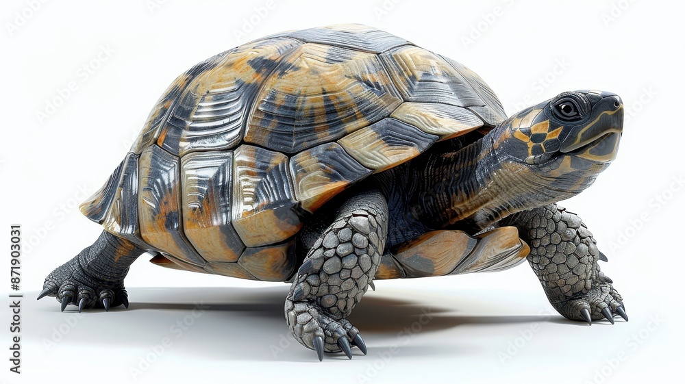 Obraz premium Close-up of a solitary tortoise with a detailed shell pattern, isolated on white background. Perfect for nature and wildlife projects.