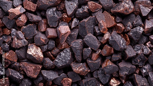 Close-up of dark and reddish iron ore rocks, showcasing rough texture and mineral surface details for industrial and geological uses. photo