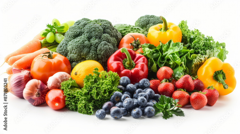 Variety of fresh, colorful fruits and vegetables are piled together, creating an appealing display for healthy eating Variety of fresh, colorful fruits and vegetables are piled together, creating an appealing display for healthy eating
