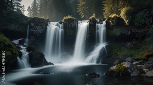 A waterfall cascading into a river, surrounded by trees and rocks