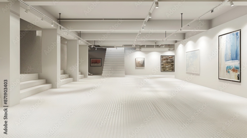 Fototapeta premium Ivory white rubber tiles in a basement, offering a clean and sophisticated look for a contemporary art gallery