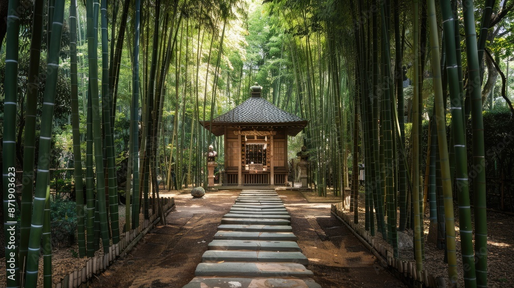 Obraz premium A peaceful shrine surrounded by tall bamboo trees and a stone pathway.