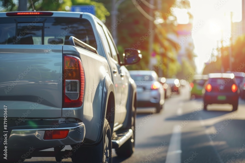 Grey pickup truck on road with traffic and sun cars passing Grey pickup truck on road with traffic and sun cars passing