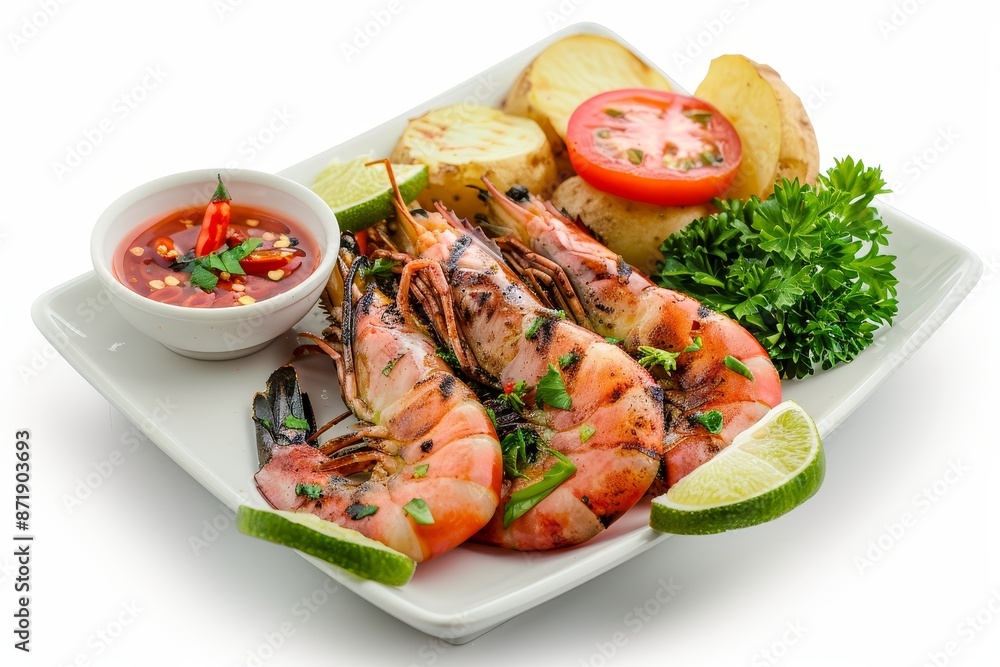 Grilled 5 black tiger shrimps with boiled potatoes and chili seafood sauce on white plate Grilled 5 black tiger shrimps with boiled potatoes and chili seafood sauce on white plate
