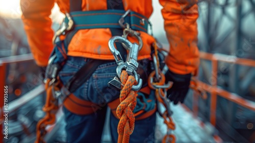 Detailed shot of fall arrestor equipment on a worker's safety harness, ensuring safety compliance during work at height. Perfect for stock images emphasizing safety protocols in construction. photo