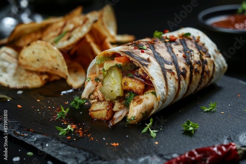 Grilled chicken kebab with cheese pickles chips and aubergine salad on a black plate