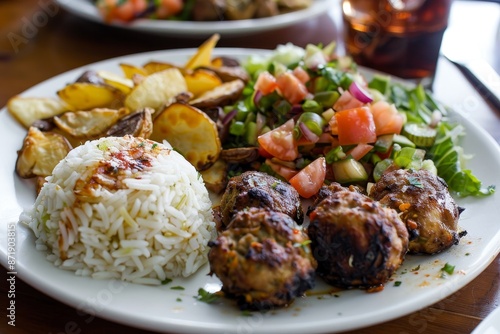 Grilled chicken meatballs rice chips and salad