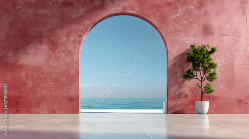 Pink archway framing ocean view with potted plant