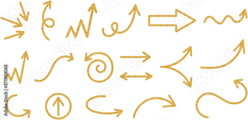Set of golden glitter arrows on transparent background. Collection of hand-drawn abstract arrows of different forms (curved, straight, round, loop, spiral)