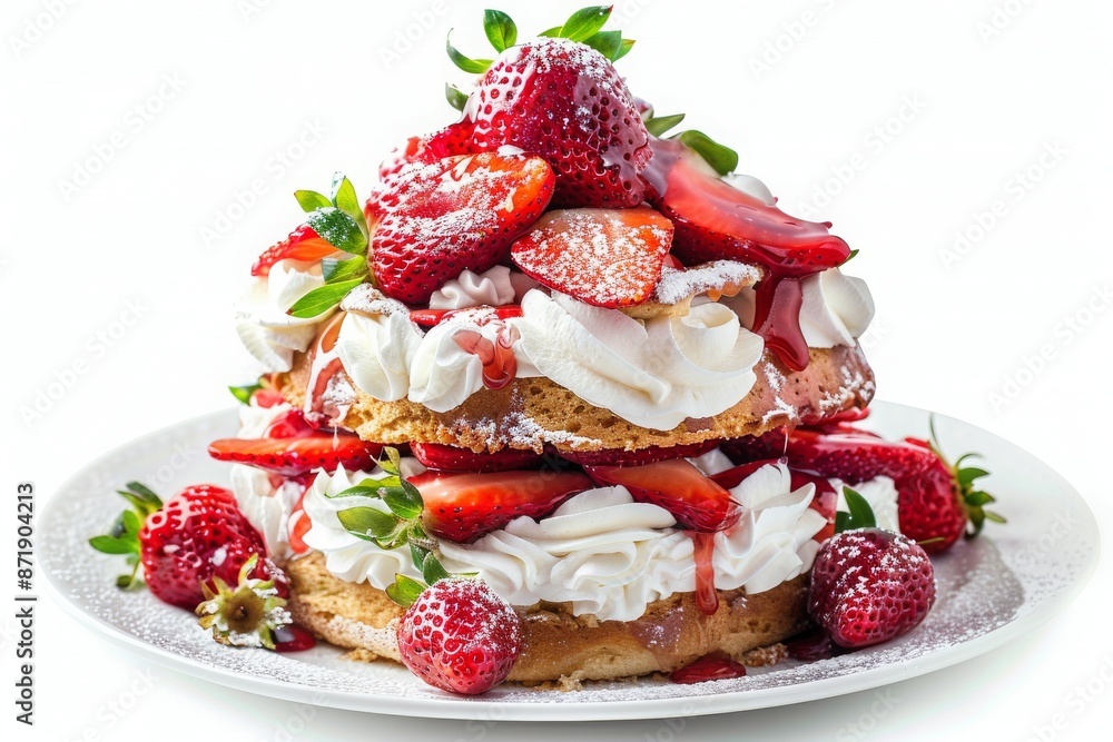 An elaborate strawberry shortcake, layered with whipped cream and fresh strawberries An elaborate strawberry shortcake, layered with whipped cream and fresh strawberries