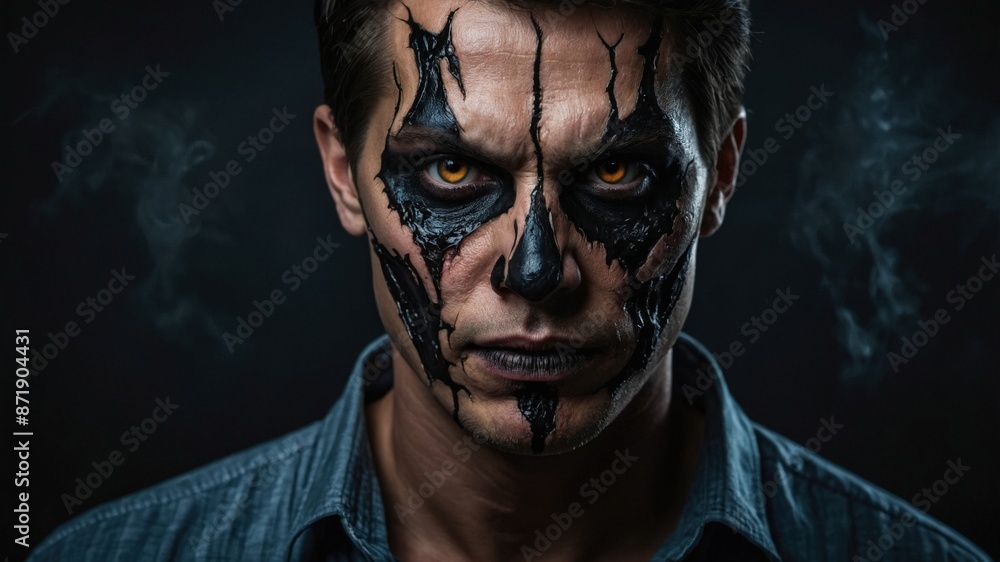 Man with eerie Halloween face paint, intense yellow eyes, and a serious expression, posing against a dark background with smoke effects.
Man with eerie Halloween face paint, intense yellow eyes, and a serious expression, posing against a dark background with smoke effects.