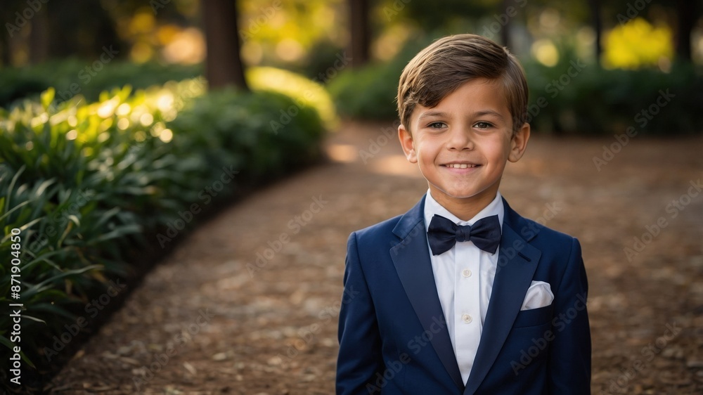 Portrait of a young boy wearing a suit and bow tie, standing outdoors in a park with a bright smile.
Portrait of a young boy wearing a suit and bow tie, standing outdoors in a park with a bright smile.