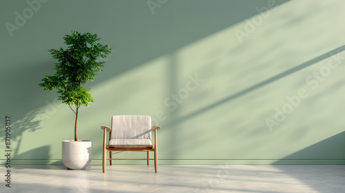 Minimalist interior with chair and plant in sunlight © jay juan