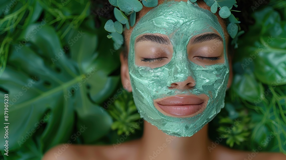 A serene woman with a green face mask enjoys a relaxing spa treatment, surrounded by lush green leaves and nature-inspired elements. A serene woman with a green face mask enjoys a relaxing spa treatment, surrounded by lush green leaves and nature-inspired elements.