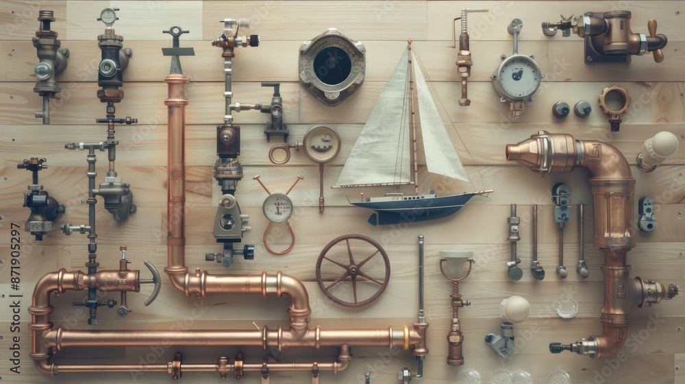 A frame composed of various plumber's items arranged on a light wooden background A frame composed of various plumber's items arranged on a light wooden background