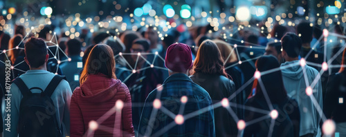 Crowd of college students connected by glowing lines of light, concept of networking and digital connection in educational institutions