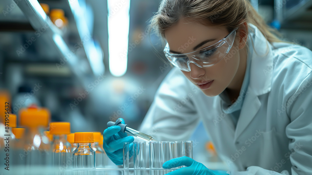 A female scientist wearing safety goggles conducts medical research in a lab while carefully handling a dropper. For medical research contents. A female scientist wearing safety goggles conducts medical research in a lab while carefully handling a dropper. For medical research contents.