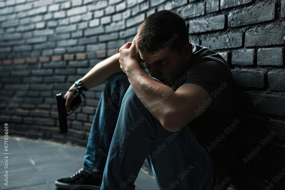 Teenager in Despair Against Brick Wall Teenager in Despair Against Brick Wall