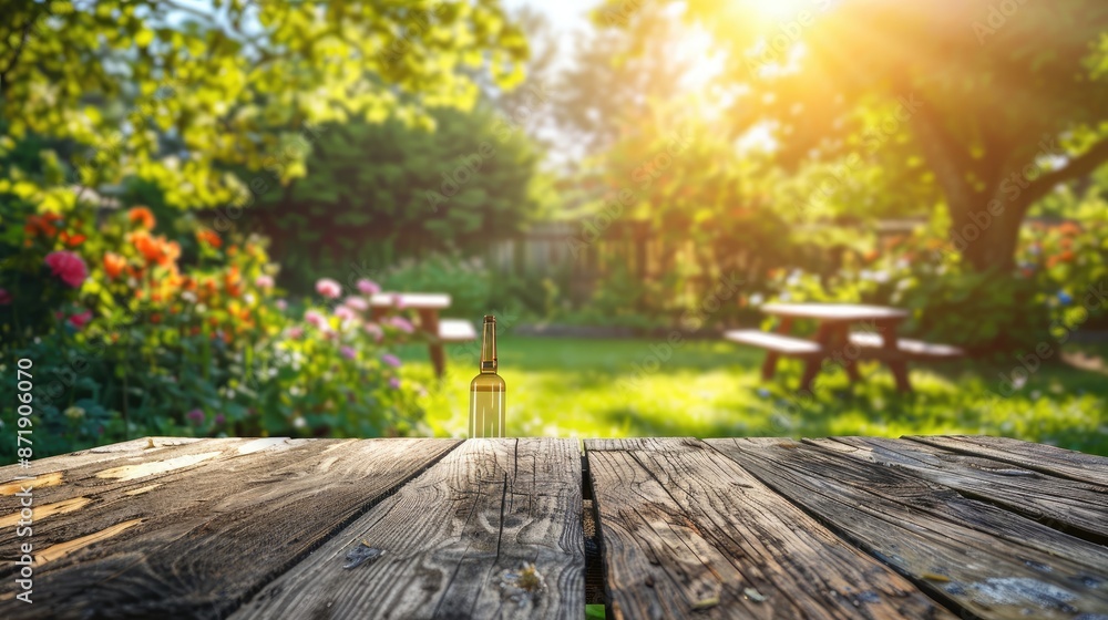 Wooden table in garden. Space text or product. Good Mock up. Wooden table in garden. Space text or product. Good Mock up.