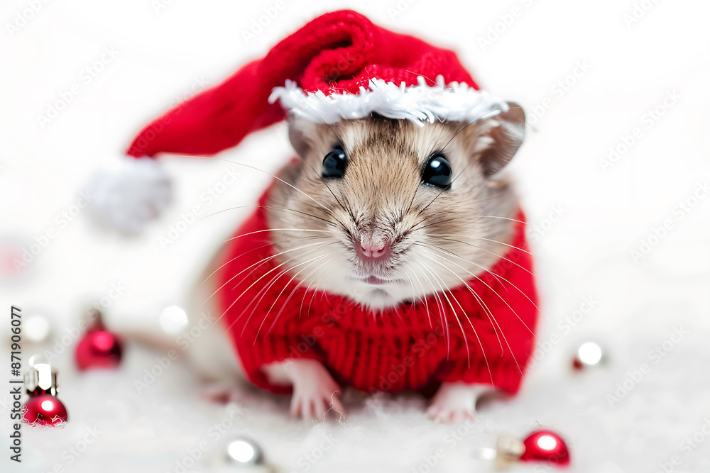 funny charming animal in santa claus hat and knitted clothes celebrating christmas holiday isolated on white background funny charming animal in santa claus hat and knitted clothes celebrating christmas holiday isolated on white background