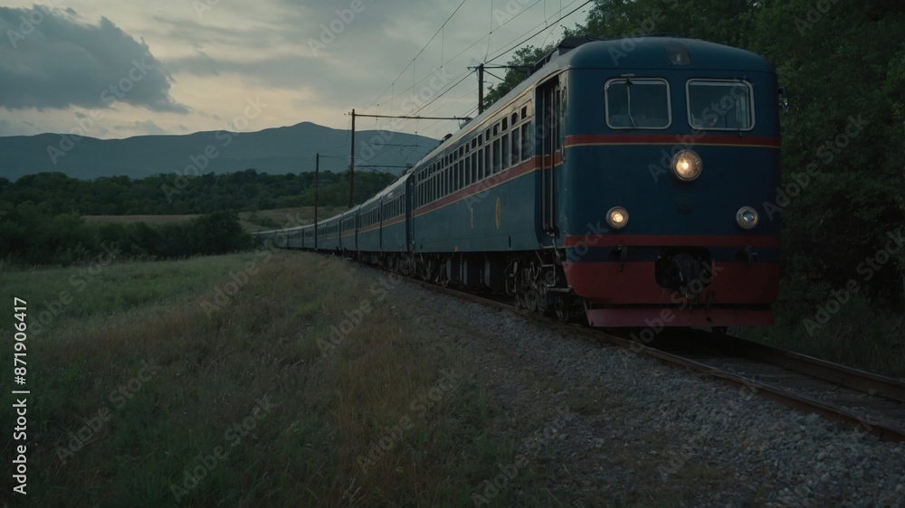 Naklejka premium Long train moving through a rural landscape at dusk, with hills and fields in the background. 