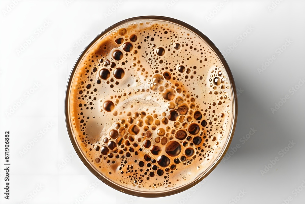 Top-down close-up view of a cup of coffee with frothy foam in the shape of a psychology symbol in the center Top-down close-up view of a cup of coffee with frothy foam in the shape of a psychology symbol in the center