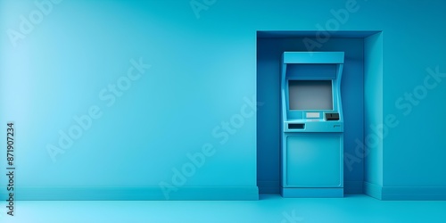 Front view of unbranded blue ATM against minimal blue interior background. Concept ATM Photography, Blue Color Scheme, Minimalist Design, Financial Industry, Object Photography