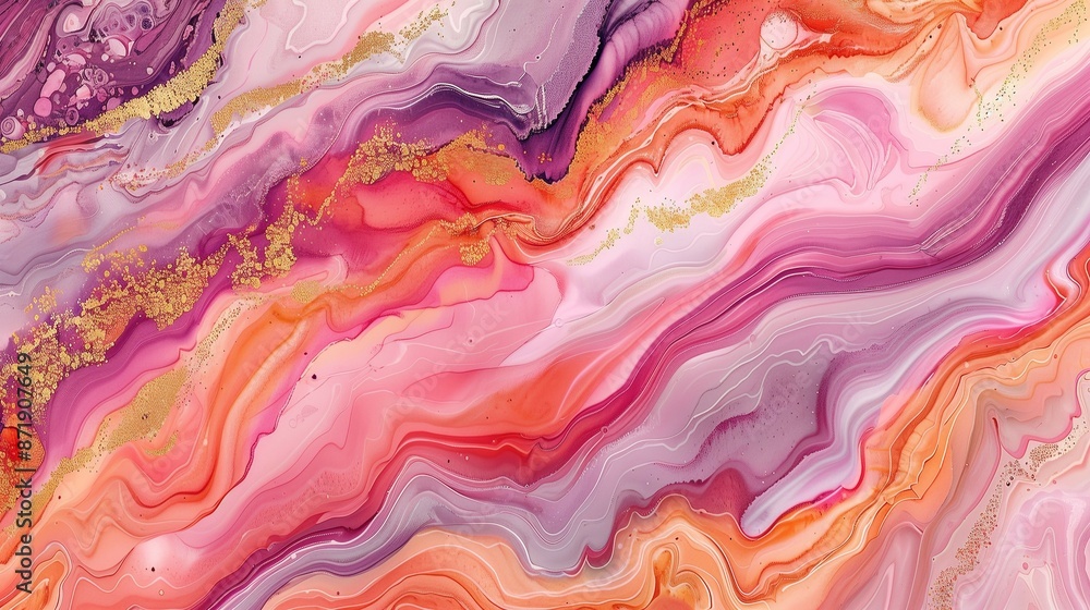 Close up of pink marble background, orange and gold color, intricate landscapes. Close up of pink marble background, orange and gold color, intricate landscapes.