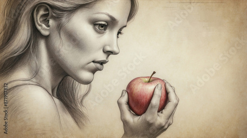 Іllustration of Eve holding an apple.