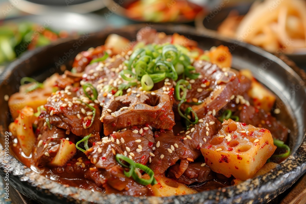 Korean dish with beef and lotus roots cooked in spicy sauce Korean dish with beef and lotus roots cooked in spicy sauce