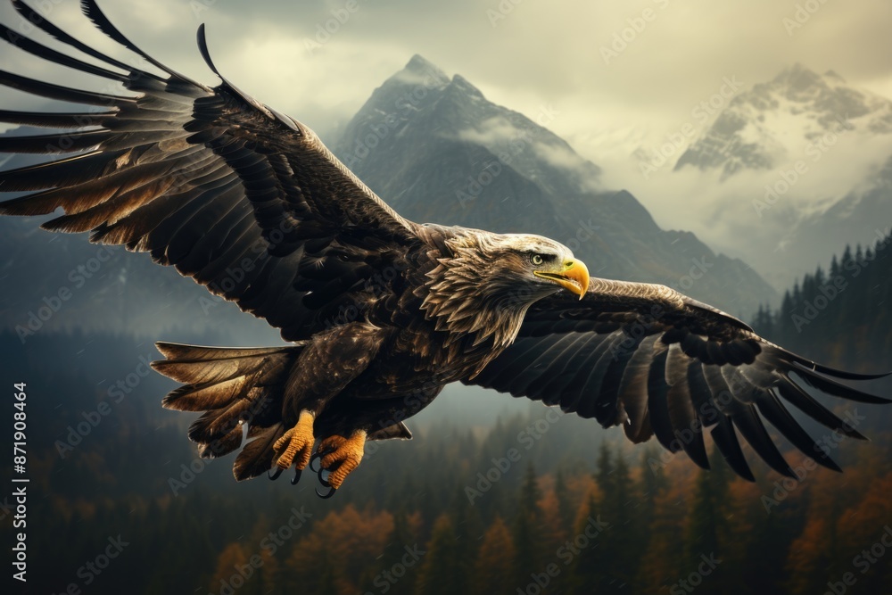 Obraz premium Vintage Eagle Nostalgic flight over fog covered, generative IA