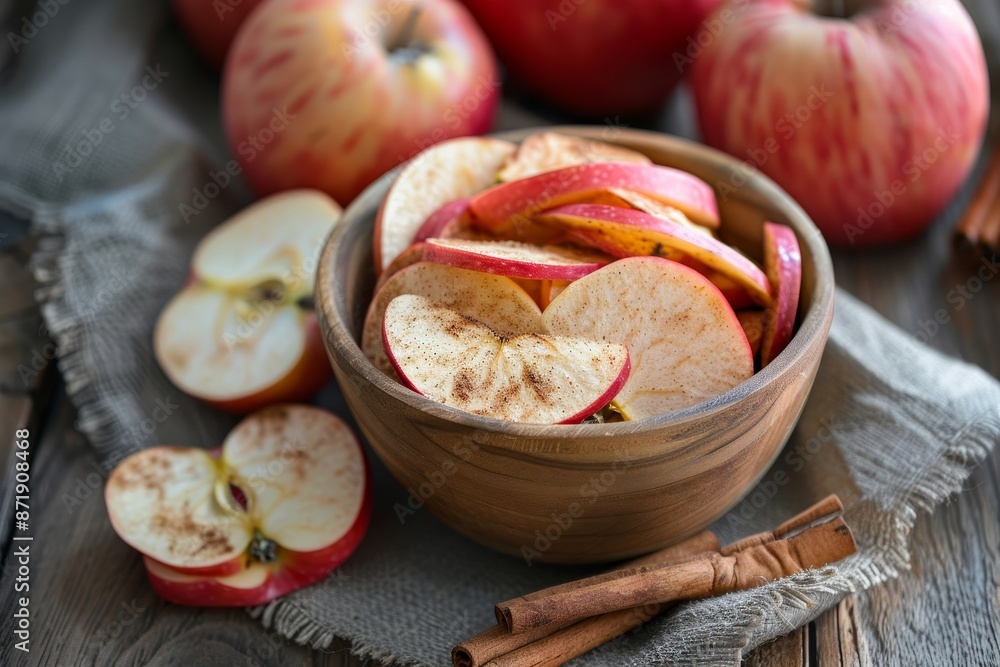 Healthy vegan fruit snack Organic apple cinnamon chips in a bowl perfect for cooking Healthy vegan fruit snack Organic apple cinnamon chips in a bowl perfect for cooking