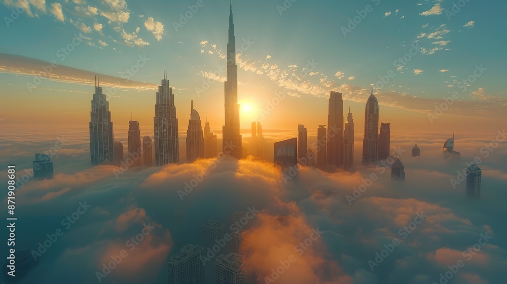 City center with skyscrapers immersed in fog. High buildings. Early morning glow. City center with skyscrapers immersed in fog. High buildings. Early morning glow.