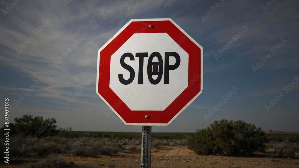 An unusual STOP sign with altered letters stands against a desert landscape, creating an intriguing and unexpected visual.
An unusual STOP sign with altered letters stands against a desert landscape, creating an intriguing and unexpected visual.